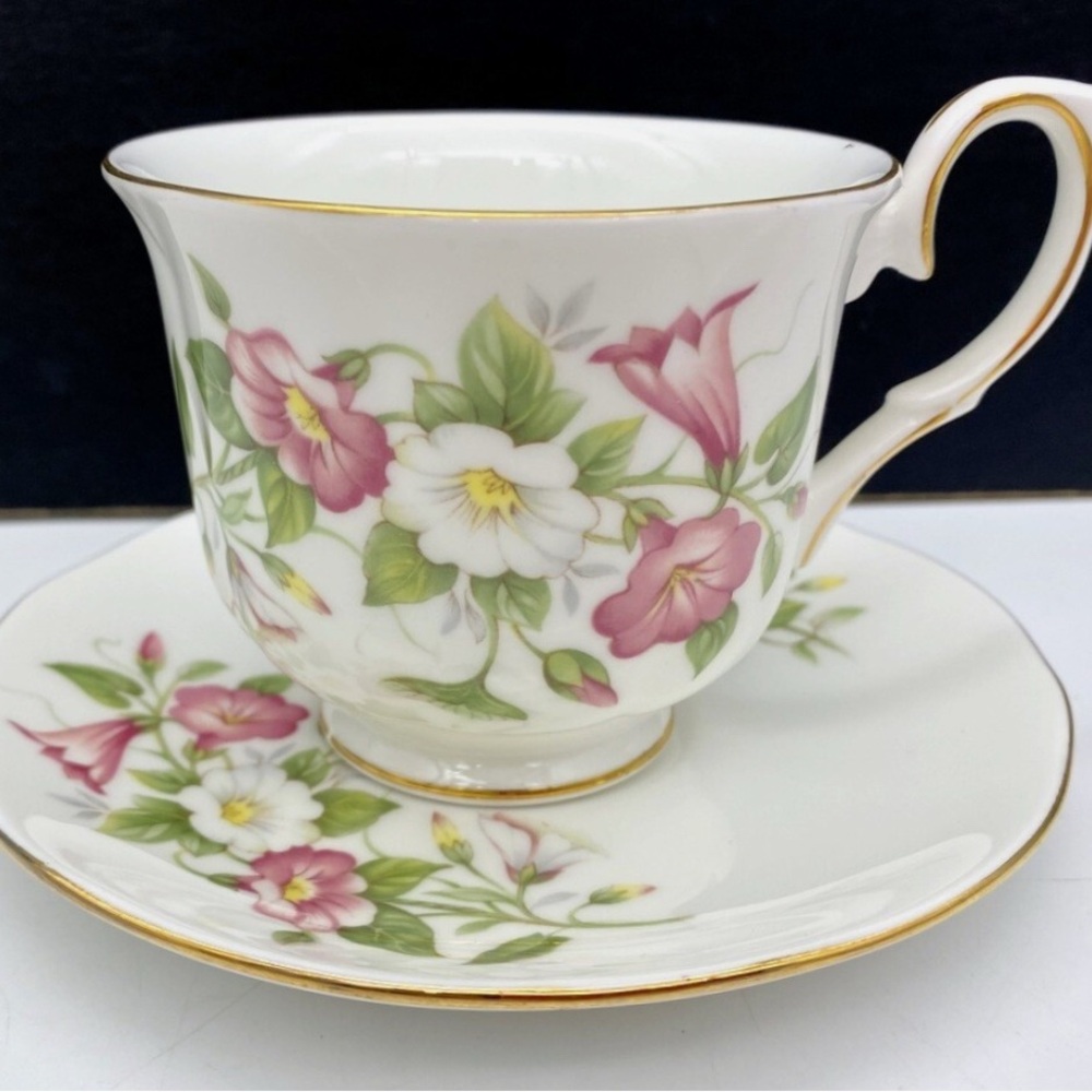 Royal Kingston English Bone China Teacup and Saucer Morning Glories Gilded Edge